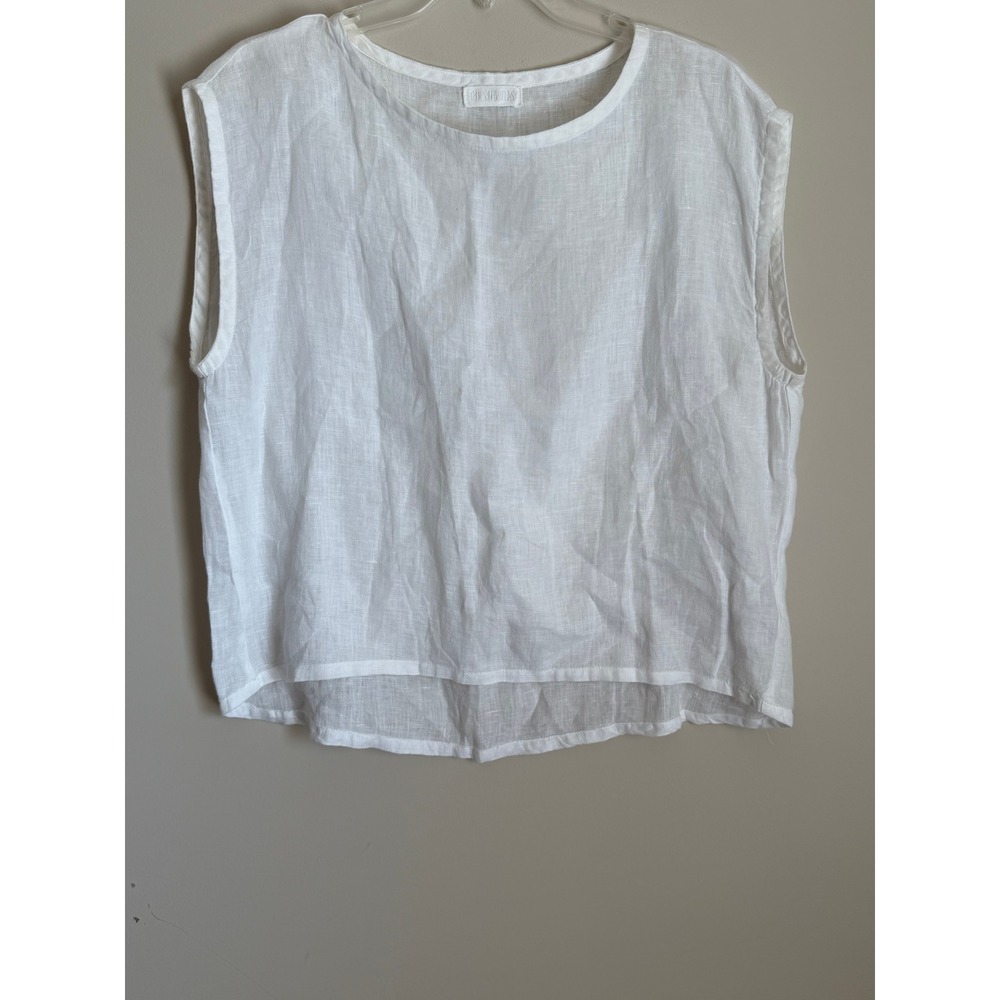 CP Shades Top Women S White Linen Sleeveless Boxy Round Neck Made in USA